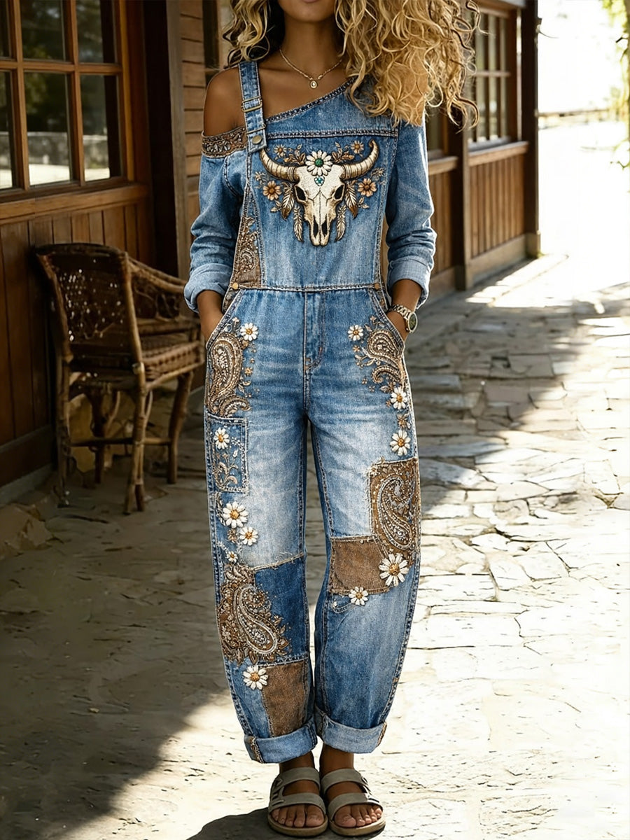 Women's Retro Western Floral Art Print Washed Cotton Denim Patchwork Jumpsuit